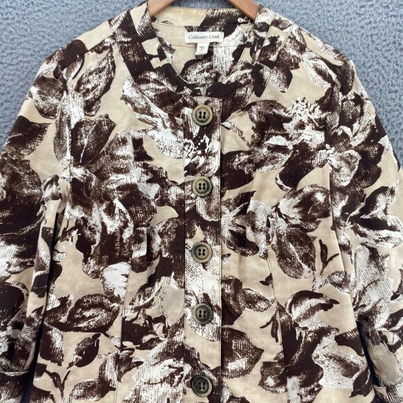 Coldwater Creek Jacket Womens 10 Brown Floral Linen Blend Button Up 3/4 Sleeve - Picture 2 of 9